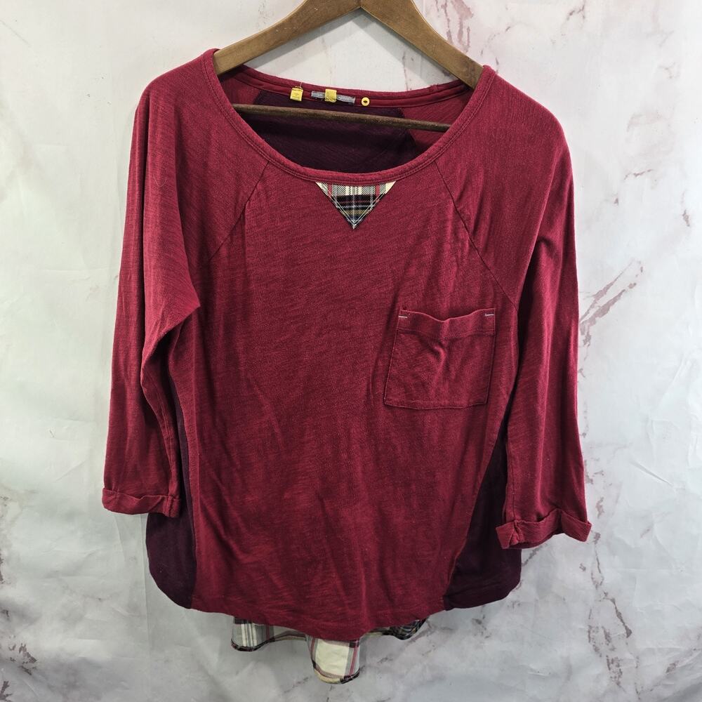 Anthropologie Shirt Womens Medium Red Little Yellow Button Plaid Mixed Blouse T